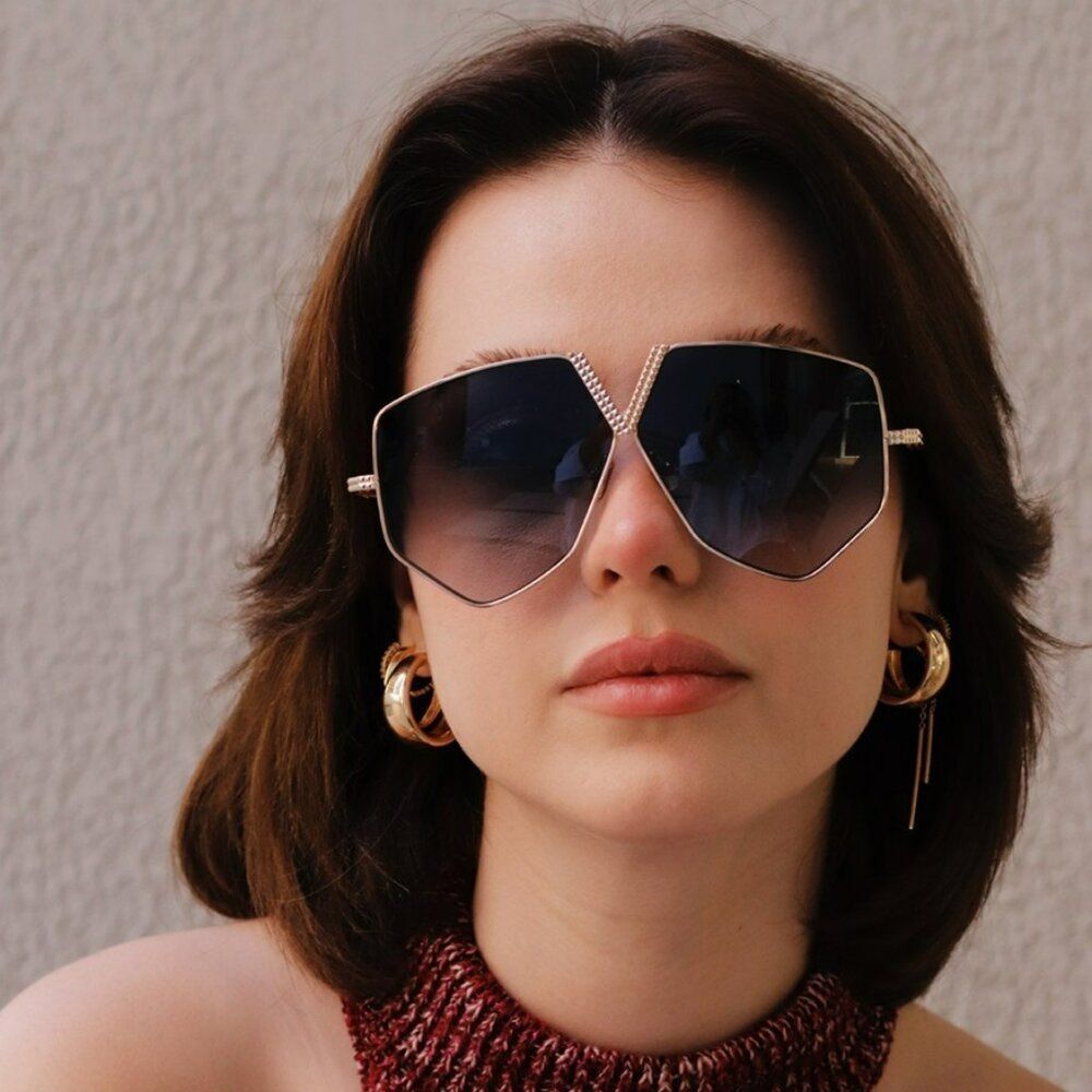 Valentino Women Sunglasses Titanium Gold Grey Oversized Aviator V - HEXAGON
